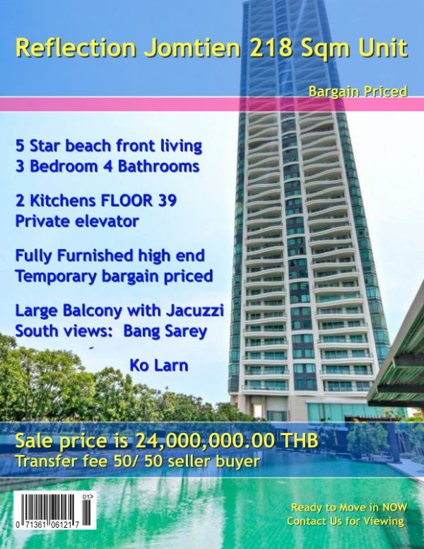 Thailand Reflection Jomtien Beach 218 Sqm Penthouse Sale