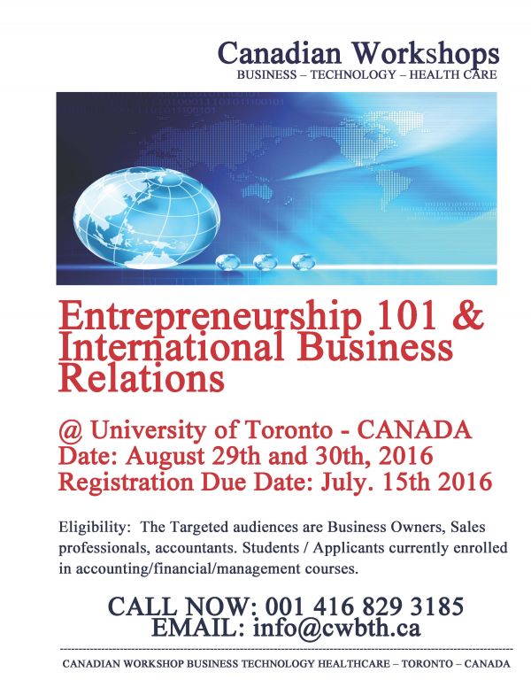 Entrepreneurship 101 & International Business Relations Workshop - Toronto, Canada 