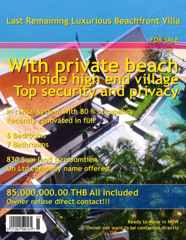 Pattaya Jomtien 5 Star Beachfront Villa Sale